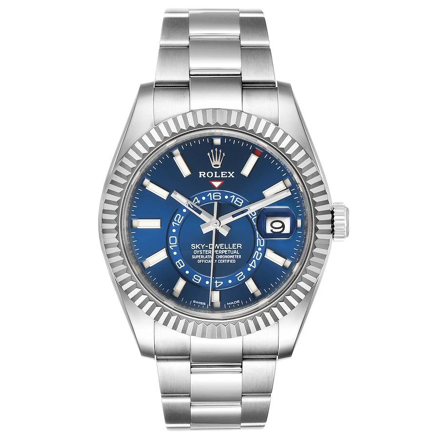 Oyster Perpetual Sky-Dweller in White Rolesor with a bright blue dial and an Oyster bracelet. RLX Sky-Dweller RLX-DWELLER