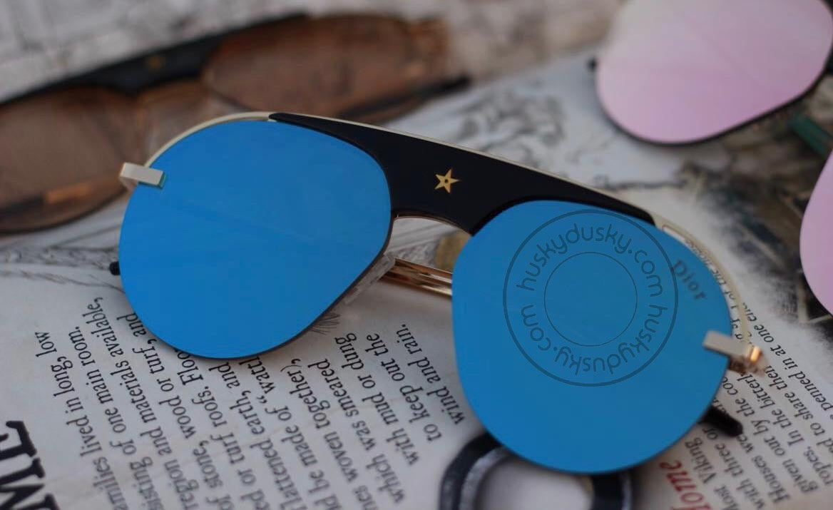 Blue Color Glass Men's Sunglass for Man Woman or Girl DR-BLU-257 Gold Stick Frame Gift Sunglass