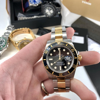 Trendy Submariner Dual Tone Quartz Watch With Silver Gold Dial & Stainless Steel Strap For Men