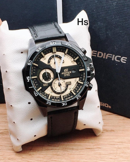 Casio Edifice Limited Adition Chronograph Yellow Dial Black Strap Leather Dated Men's Watch EFR-557